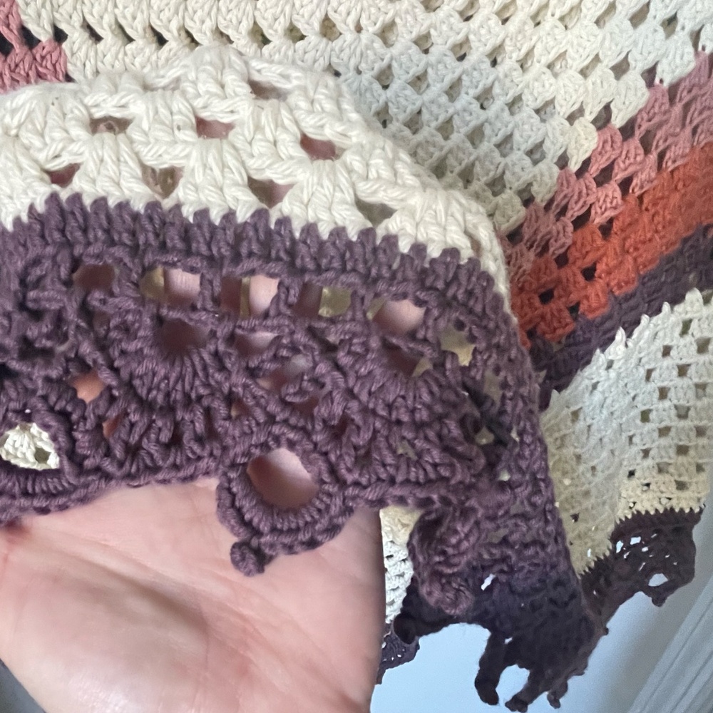 Handmade Crochet‎ Cotton Poncho Earth Tone Chevron V-Neck One of a Kind S M - Picture 2 of 4